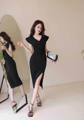 Cap Sleeve V-Neck Ruffle Slit Midi Dress