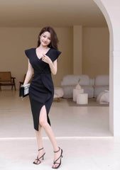Cap Sleeve V-Neck Ruffle Slit Midi Dress