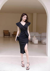 Cap Sleeve V-Neck Ruffle Slit Midi Dress