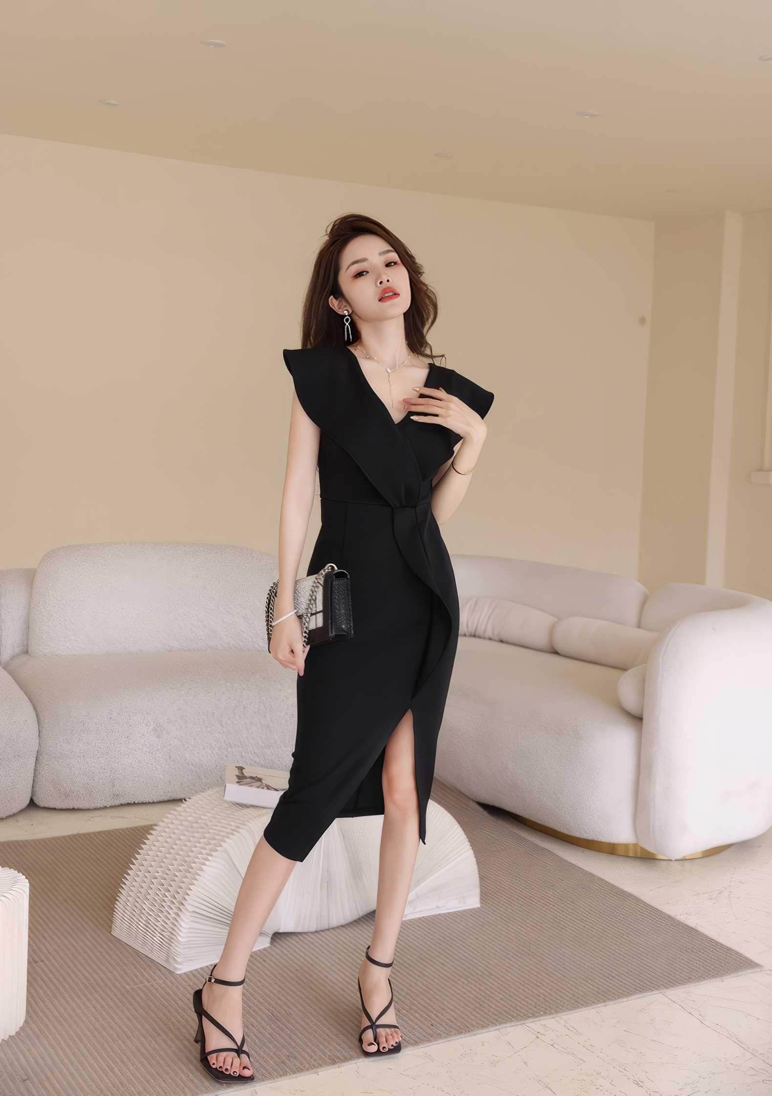 Cap Sleeve V-Neck Ruffle Slit Midi Dress