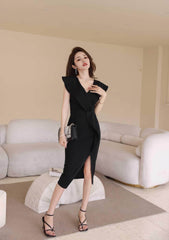 Cap Sleeve V-Neck Ruffle Slit Midi Dress