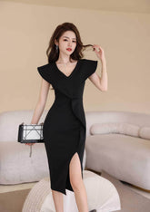 Cap Sleeve V-Neck Ruffle Slit Midi Dress S / Black