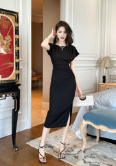 Cap Sleeves Ruffled Bodycon Dress S / Black