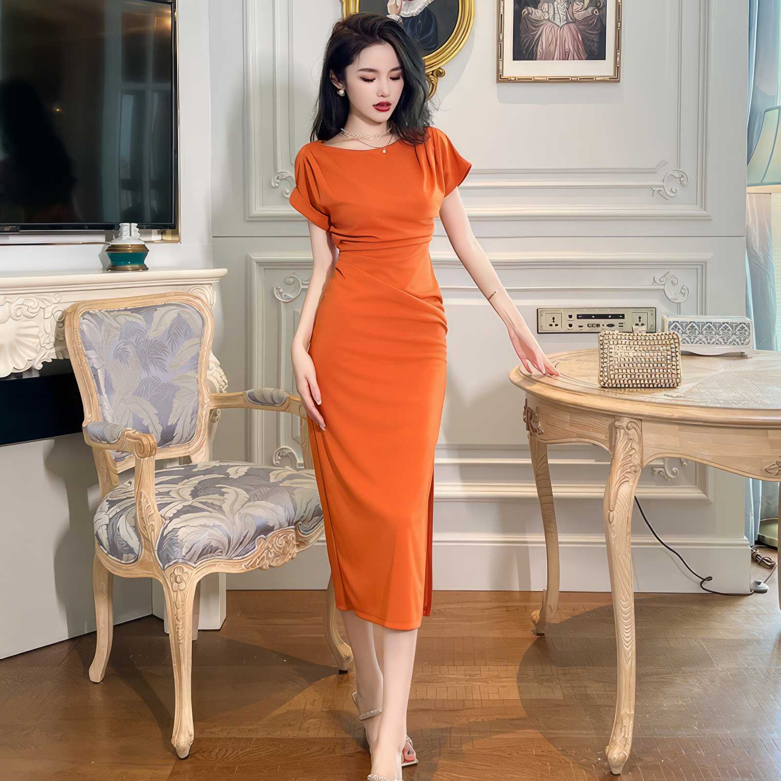 Cap Sleeves Ruffled Bodycon Dress S / OrangeRed