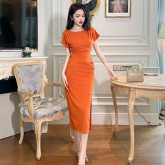 Cap Sleeves Ruffled Bodycon Dress S / OrangeRed