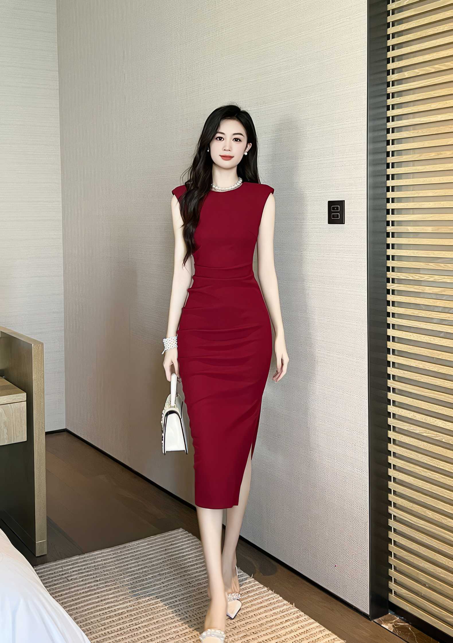 Cap Sleeves Side Slit Simple Midi Dress