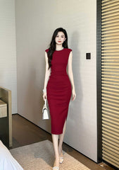 Cap Sleeves Side Slit Simple Midi Dress
