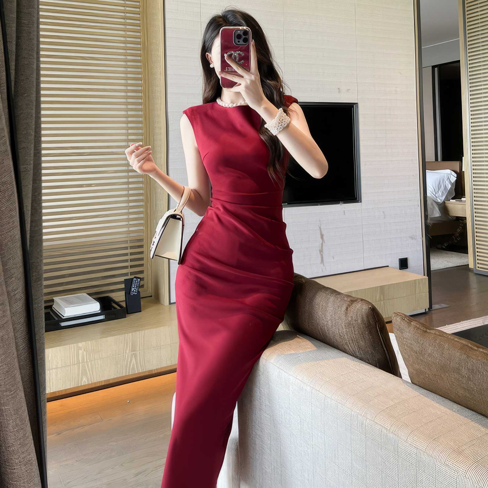 Cap Sleeves Side Slit Simple Midi Dress