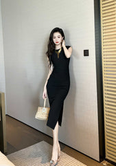Cap Sleeves Side Slit Simple Midi Dress