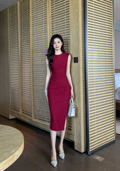 Cap Sleeves Side Slit Simple Midi Dress