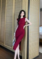 Cap Sleeves Side Slit Simple Midi Dress