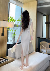 Cap Sleeves Side Slit Simple Midi Dress