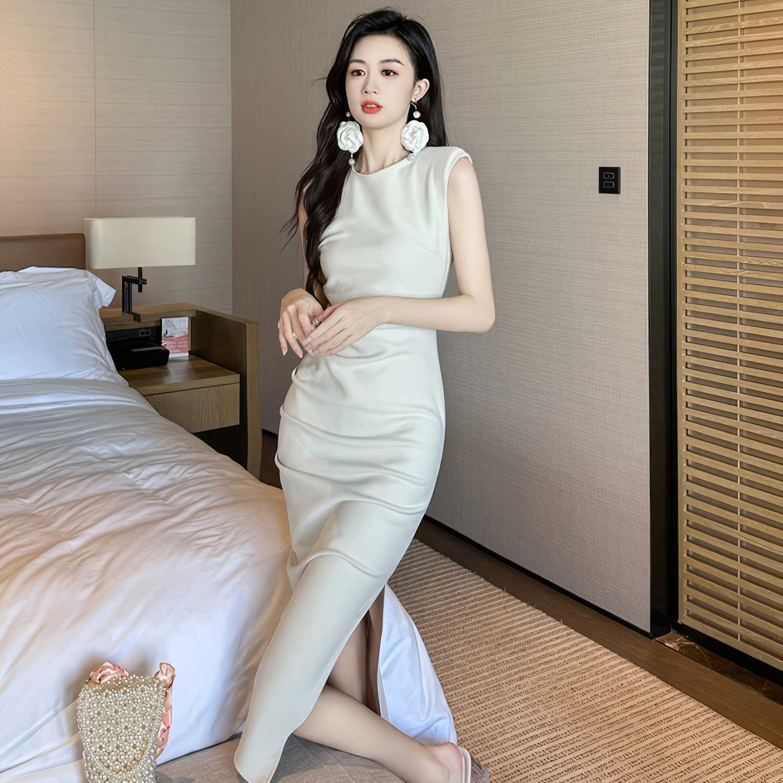 Cap Sleeves Side Slit Simple Midi Dress