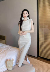 Cap Sleeves Side Slit Simple Midi Dress