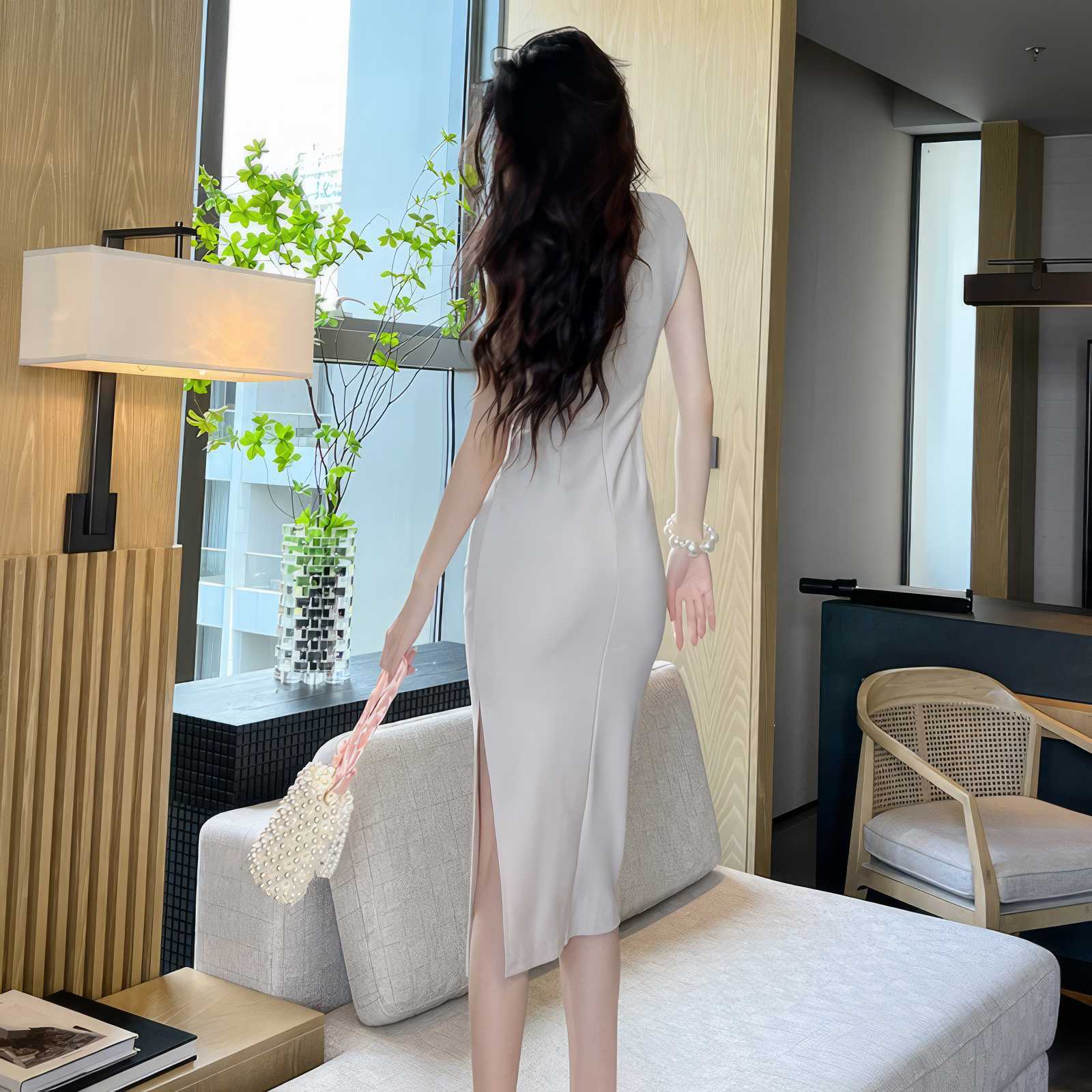Cap Sleeves Side Slit Simple Midi Dress