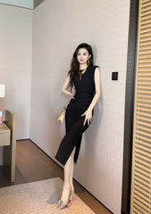 Cap Sleeves Side Slit Simple Midi Dress