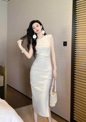 Cap Sleeves Side Slit Simple Midi Dress