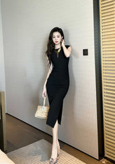 Cap Sleeves Side Slit Simple Midi Dress