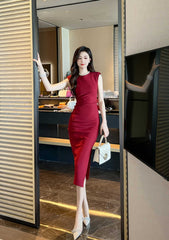 Cap Sleeves Side Slit Simple Midi Dress