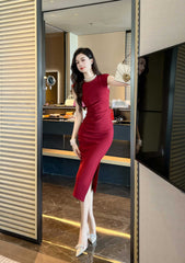 Cap Sleeves Side Slit Simple Midi Dress