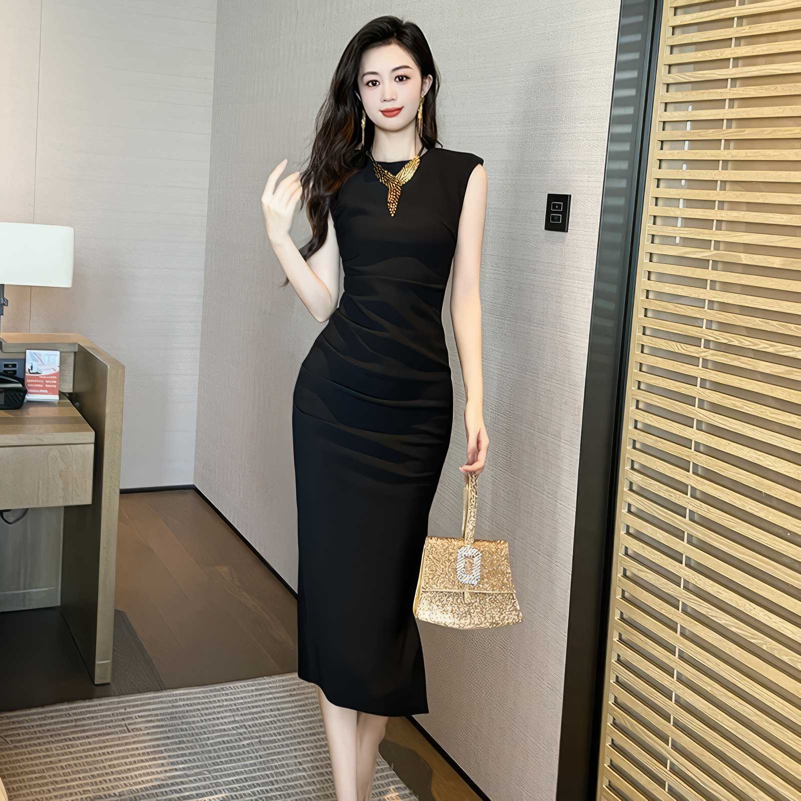 Cap Sleeves Side Slit Simple Midi Dress S / Black