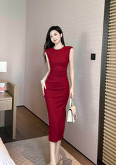 Cap Sleeves Side Slit Simple Midi Dress S / DarkRed