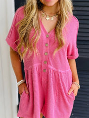 Casual Button-Front Ribbed Romper