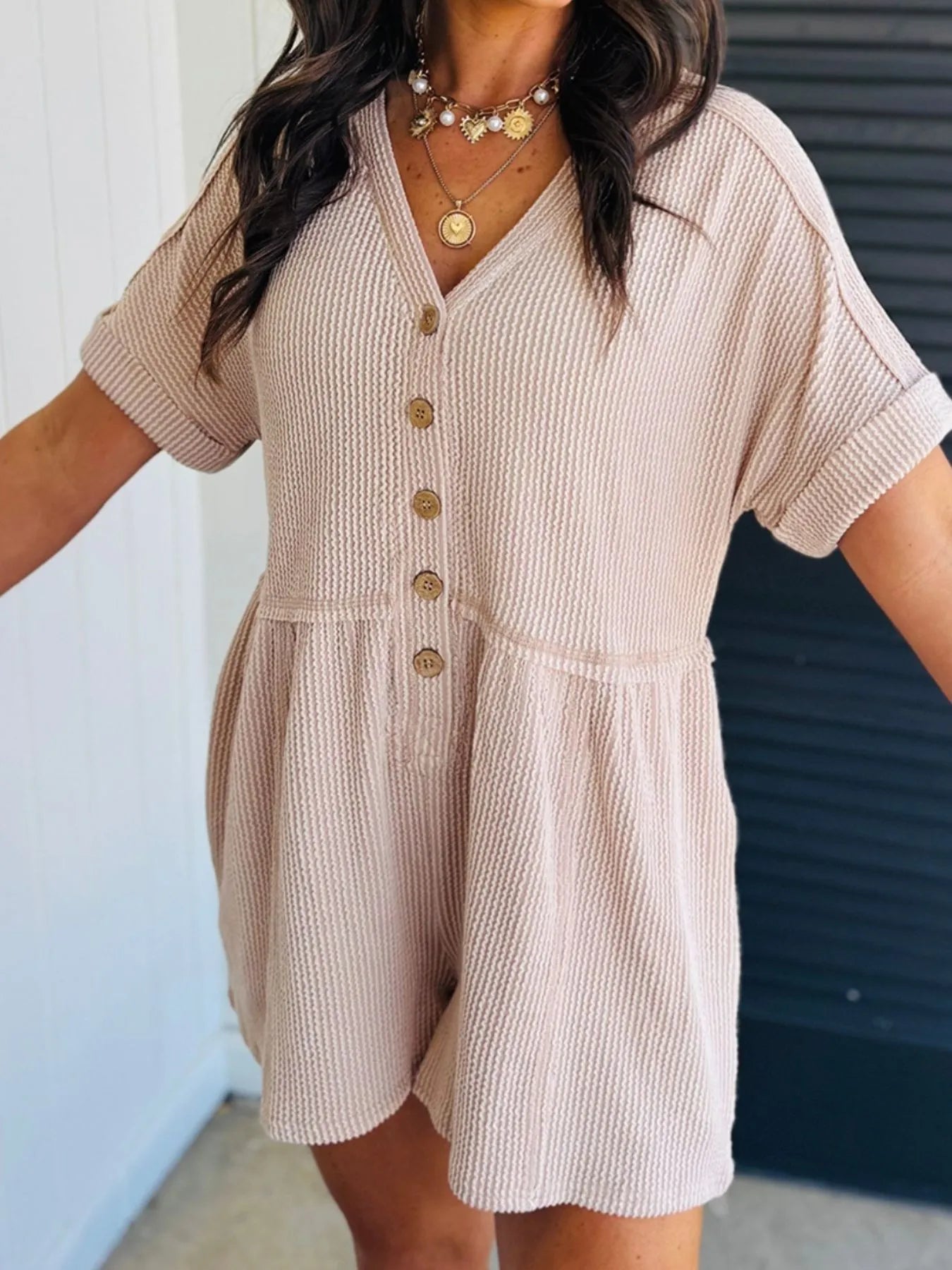 Casual Button-Front Ribbed Romper