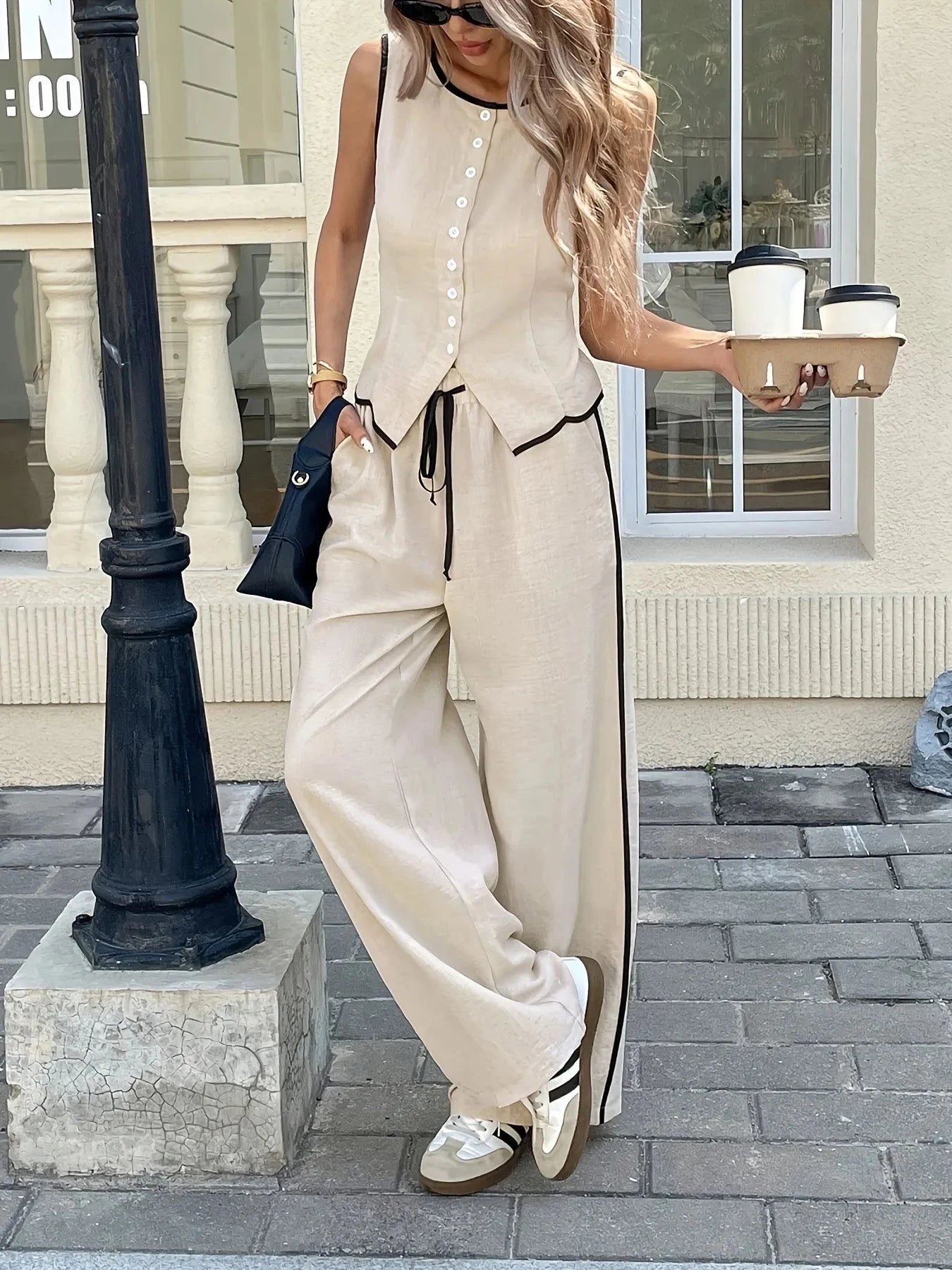 Casual Button-Up Tank and Wide-Leg Pants Set Apricot / S
