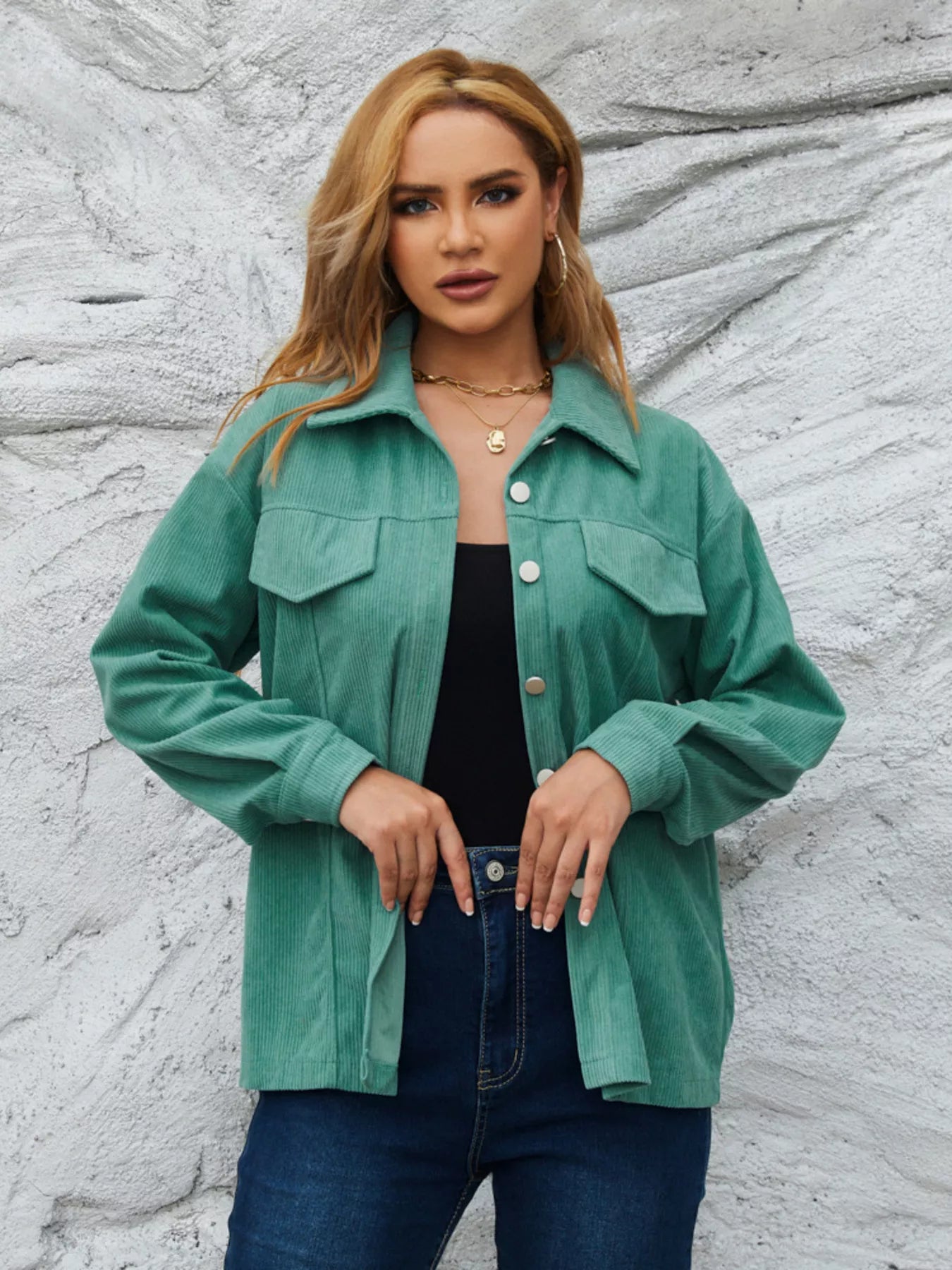Casual Corduroy Button-Down Jacket Peacock Green / S