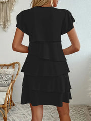Casual Layered Round Neck Ruffled Sleeve Dress