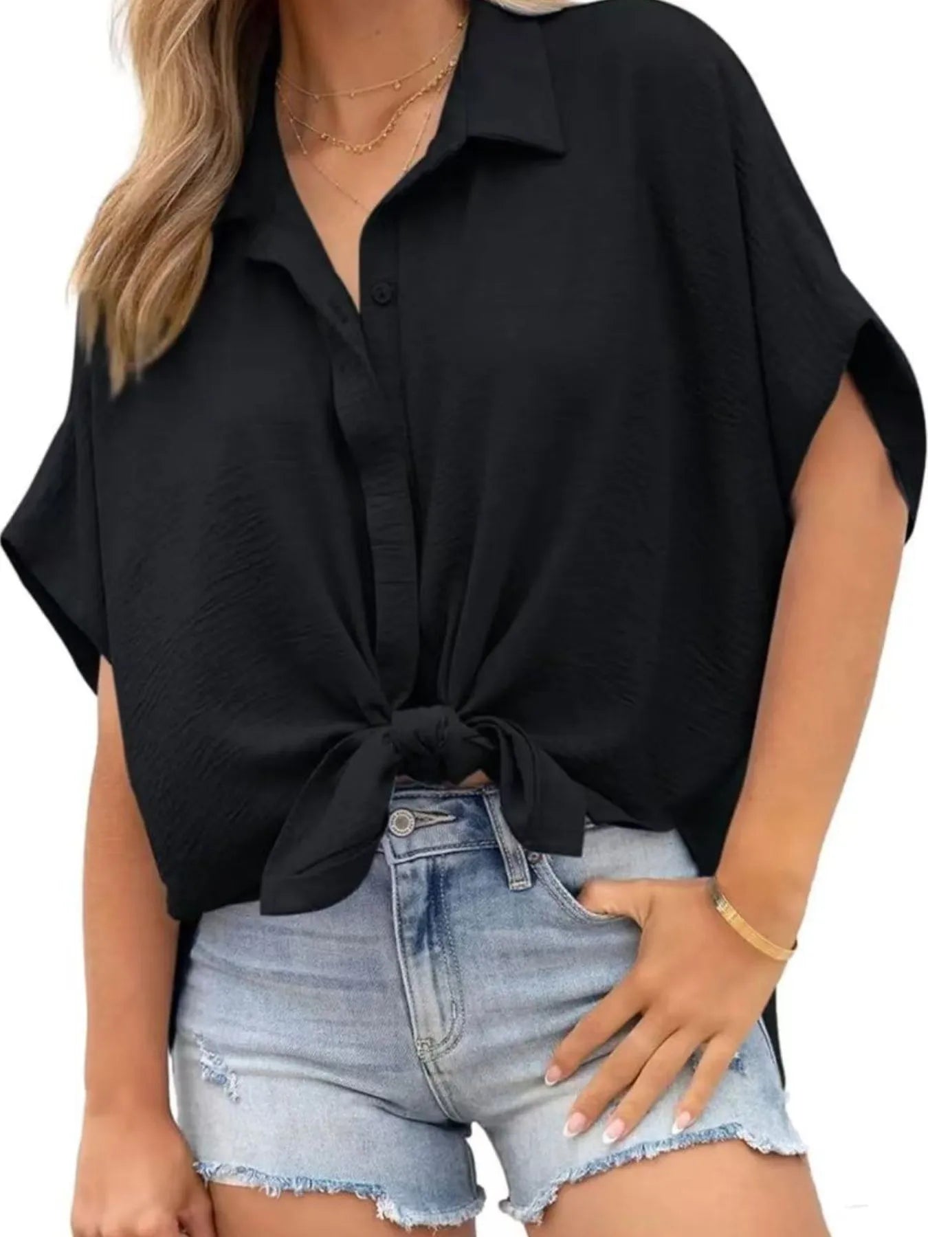 Casual Oversized Button Down Half Sleeve Shirt Black / S