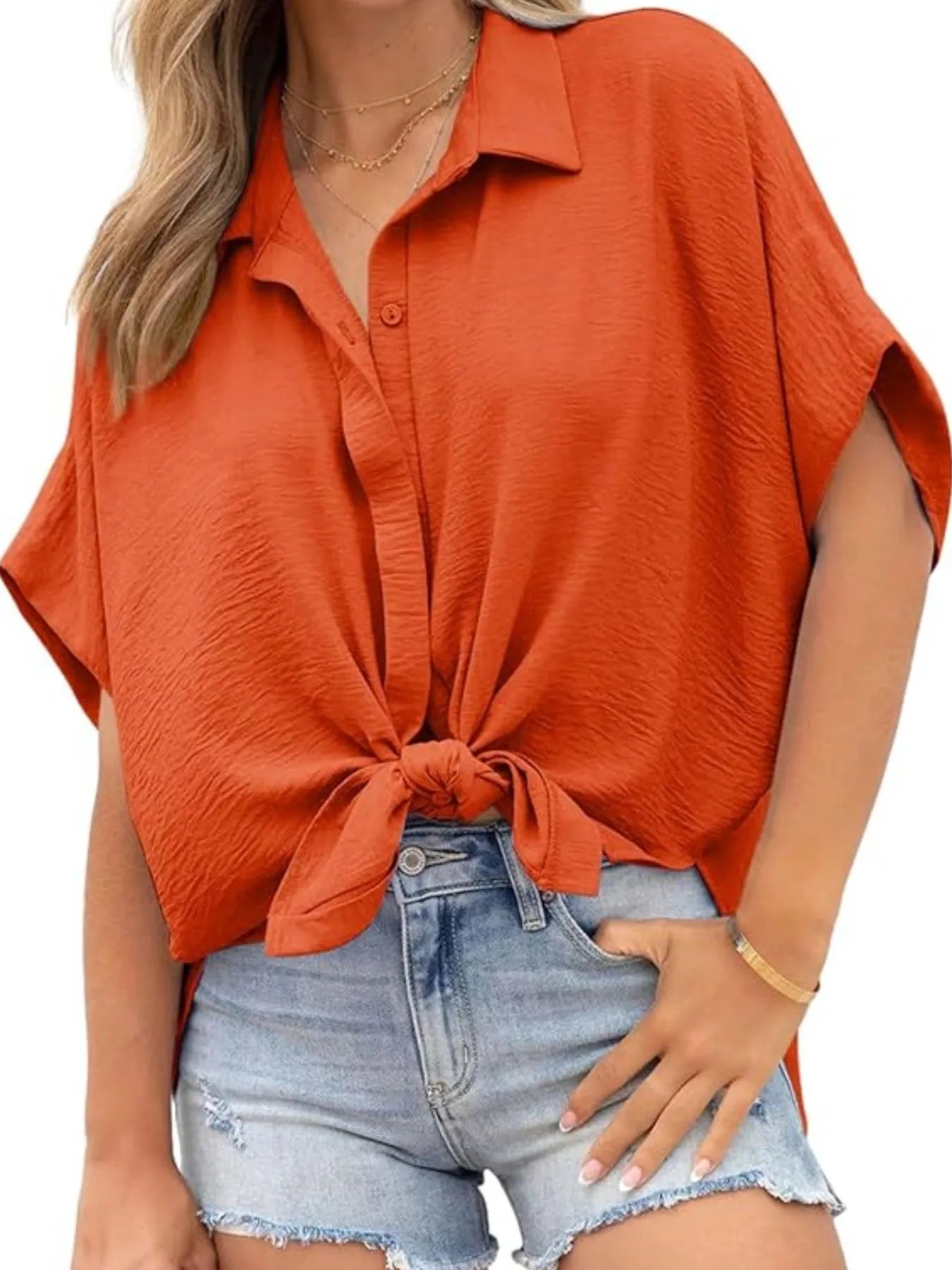 Casual Oversized Button Down Half Sleeve Shirt Orange Red / S