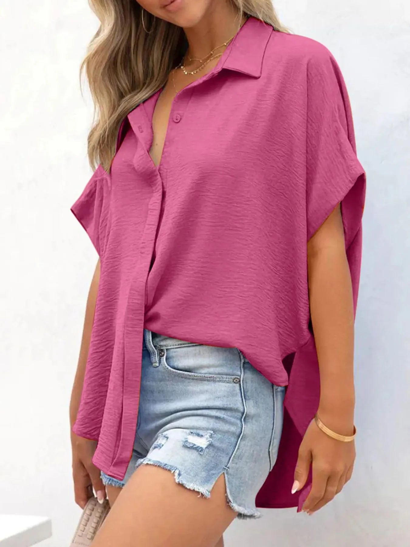 Casual Oversized Button Down Half Sleeve Shirt Rose Red / S