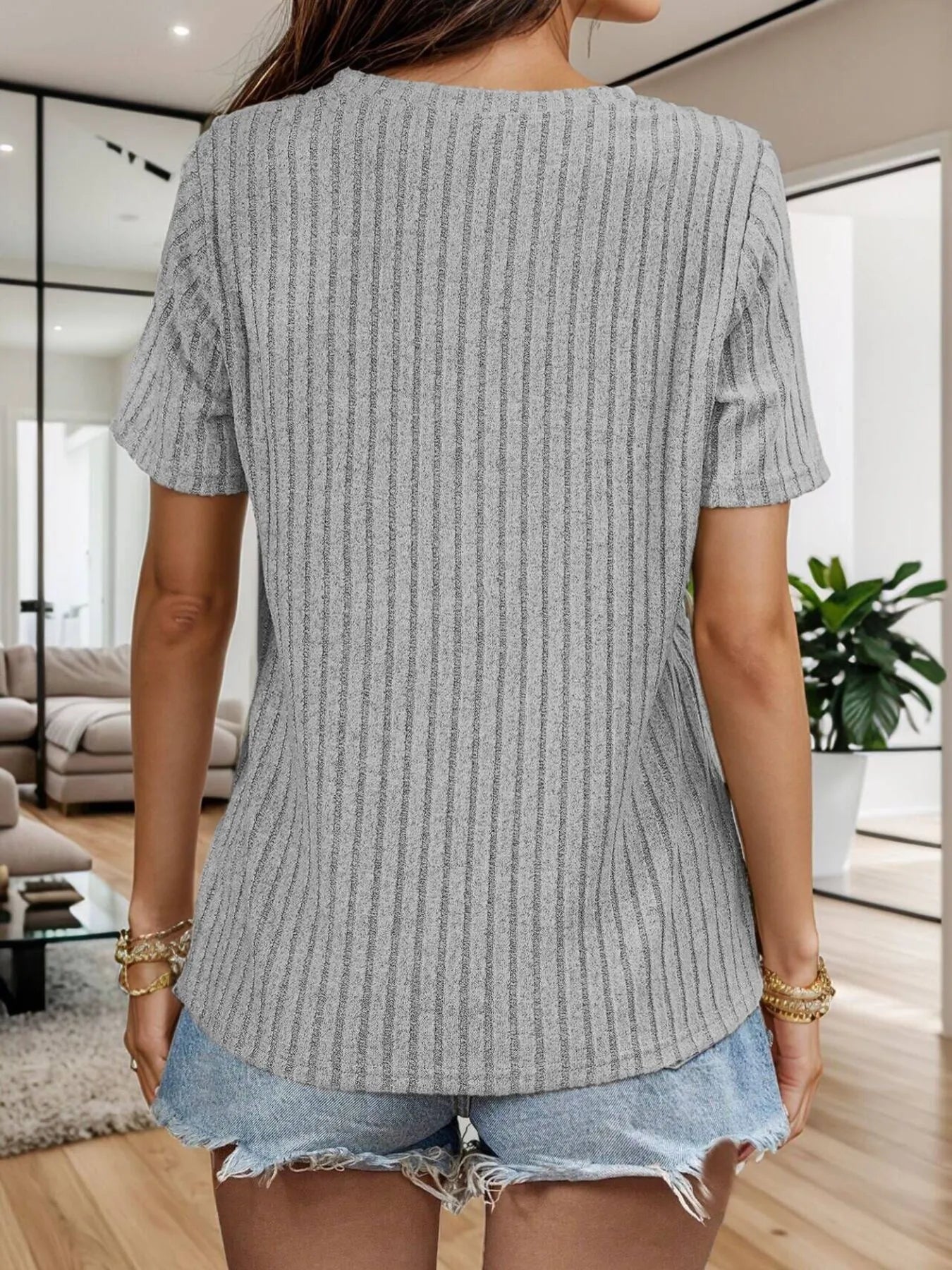 Casual Ribbed Button V-Neck Short Sleeve Top