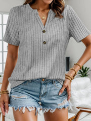 Casual Ribbed Button V-Neck Short Sleeve Top
