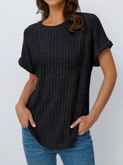 Casual Ribbed Knit Short Sleeve T-Shirt Black / S