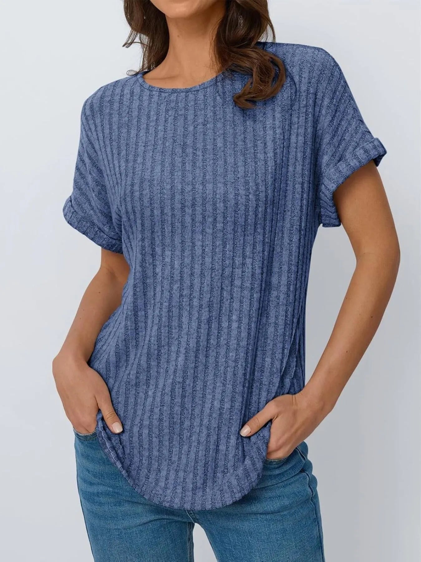 Casual Ribbed Knit Short Sleeve T-Shirt Blue / S