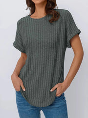 Casual Ribbed Knit Short Sleeve T-Shirt Dark Green / S