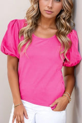 Casual Round Neck Bubble Sleeve T-Shirt Hot Pink / S