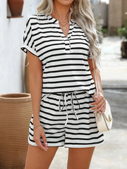 Casual Striped Short Sleeve Top and Shorts Two-Piece Set
