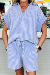 Casual Striped Short Sleeve Top and Shorts Two-Piece Set Light Blue / S