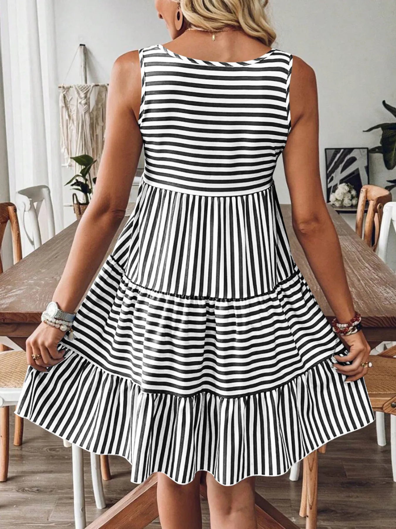 Casual Striped Tiered Ruffle Tank Dress