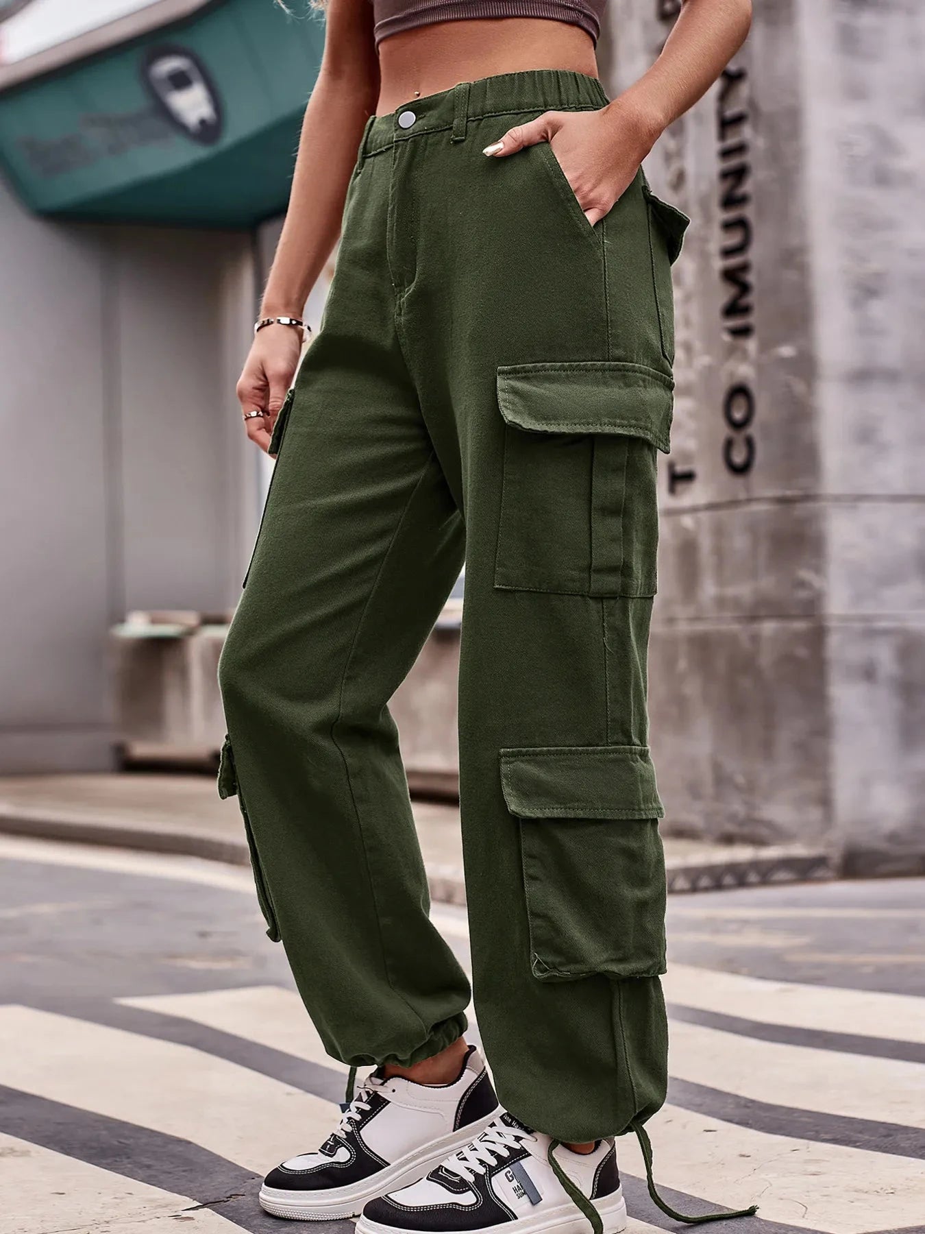 Casual Wide Leg Cargo Jeans Army Green / S