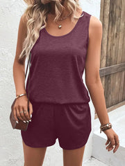 Casual Wide Strap Tank Top and Shorts Set Deep Purple / S