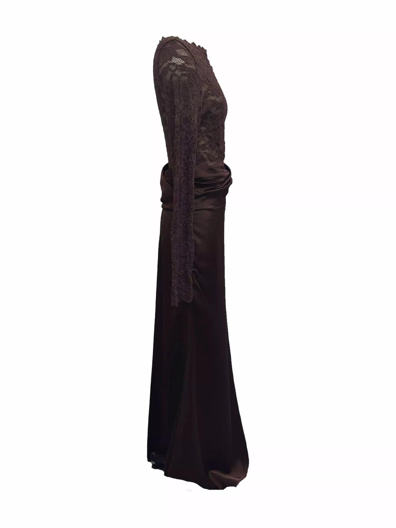 Dark red lace and satin maxi dress shown alone in side profile on white background