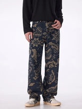 Men's printed wide leg cargo pants with pockets.