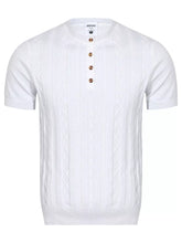 Men's cable-knit top with short sleeves in a polyester-spandex blend.