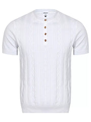 Men's cable-knit top with short sleeves in a polyester-spandex blend.