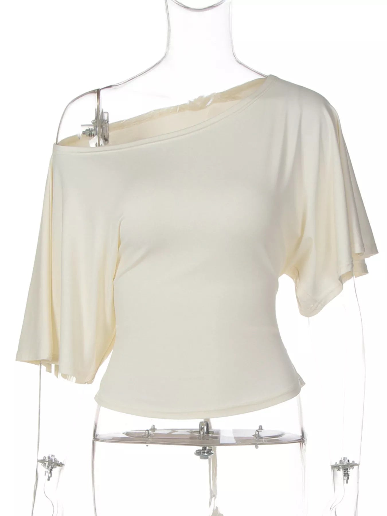Cream boat-neck short-sleeve T-shirt displayed on a clear mannequin hanger.